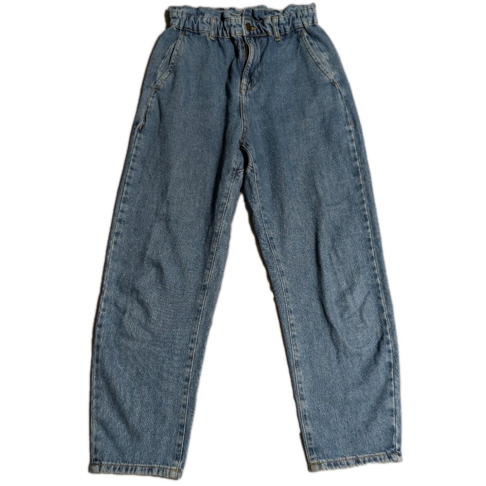Zara Womens 4‎ Paperbag Waist Jeans High Rise Tapered Blue Denim Ankle